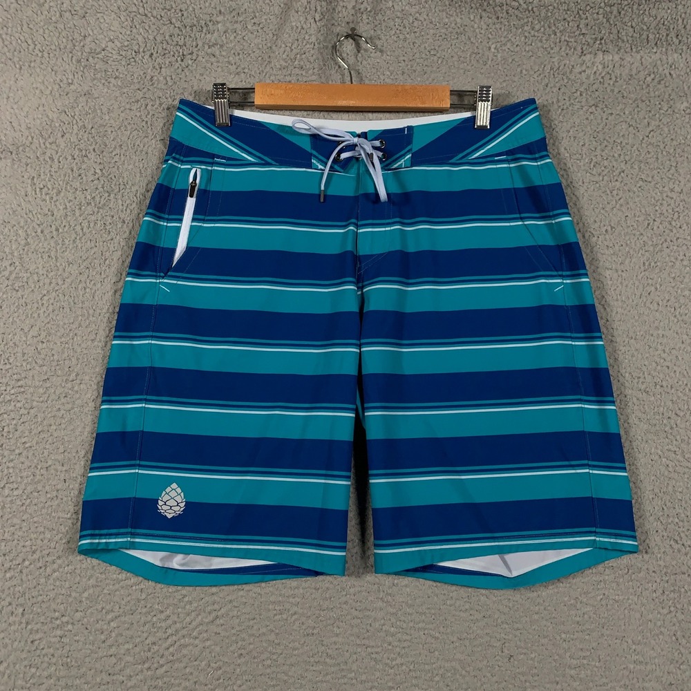 Stio CFS Board Shorts Mens 33 Blue Stripe Performance Swim Trunks Quick Dry Surf